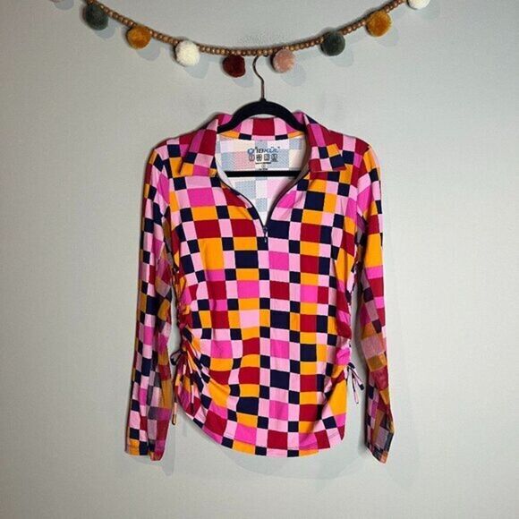 IBKUL Annalist checkered colorful longsleeve UPF 50 golf top - Picture 1 of 5